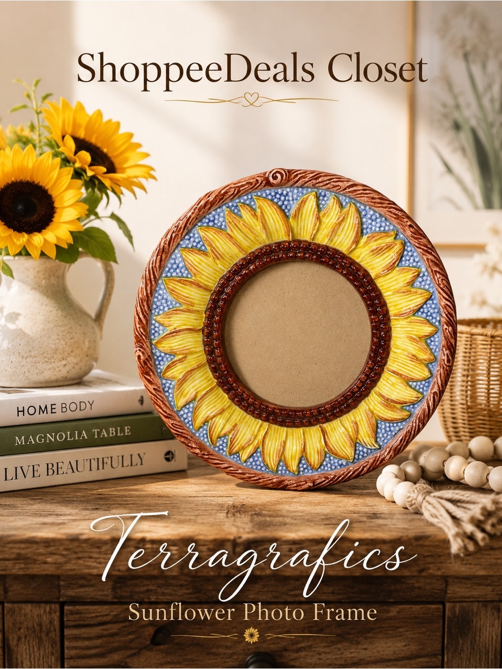 Terragrafics Sunflower Ceramic Photo Frame – Round Hand-Painted Floral Picture